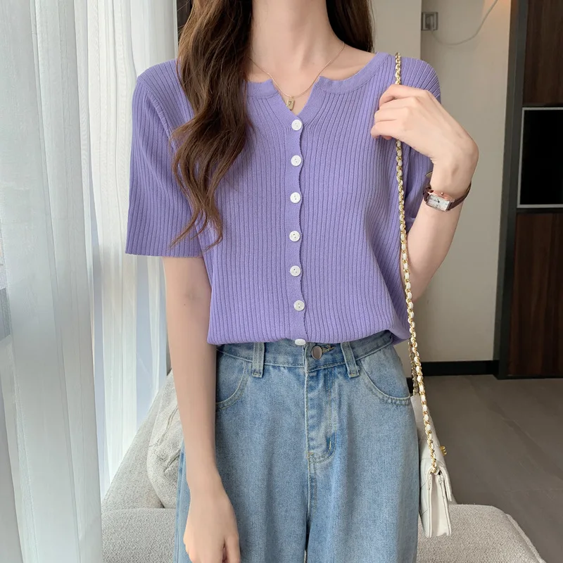

9 Clolor Women Summer Ice Silk Short Sleeve Knitted Cardigan Casual Female V-neck Thin White Purple Single Breasted Knitwear Top
