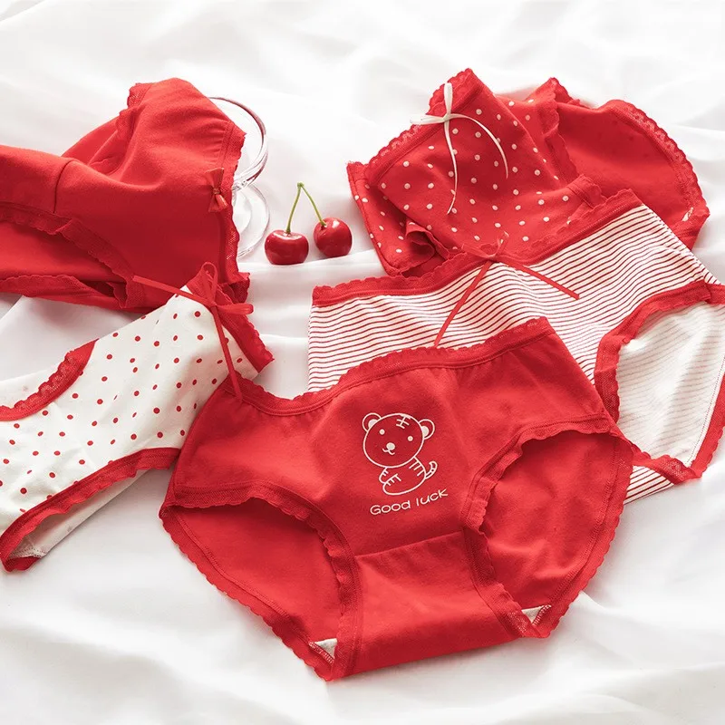 

5 Pcs/Pack Good Luck Red Lingerie Set Tiger Birth Year Pack of Panties Underwear Lot Mid Waist Women Girls Cotton Briefs Panty