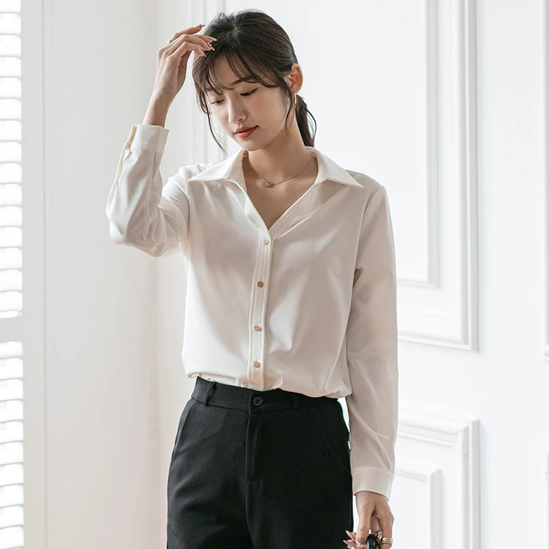 

COIGARSAM Vintage Shirt Womens tops New V-Neck Women shirts White 6158