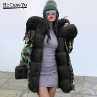 winter woman thick warm fur coat camouflage covered button fur collar padded jacket for woman parkas long outwear winter jacket
