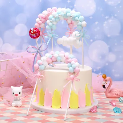 

Pink Blue Pompom Arch Cake Toppers Happy Birthday Party Wedding Baby Shower Decorations Rainbow Cake Flags Party Supplies