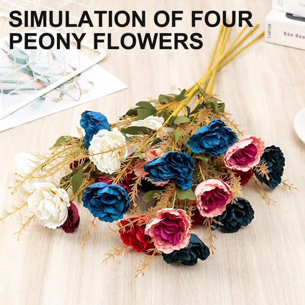 

Artificial Flower Eco-friendly Anti-fade Faux Silk Flower 4 Heads Fake Peony Flowers Bouquet for Home