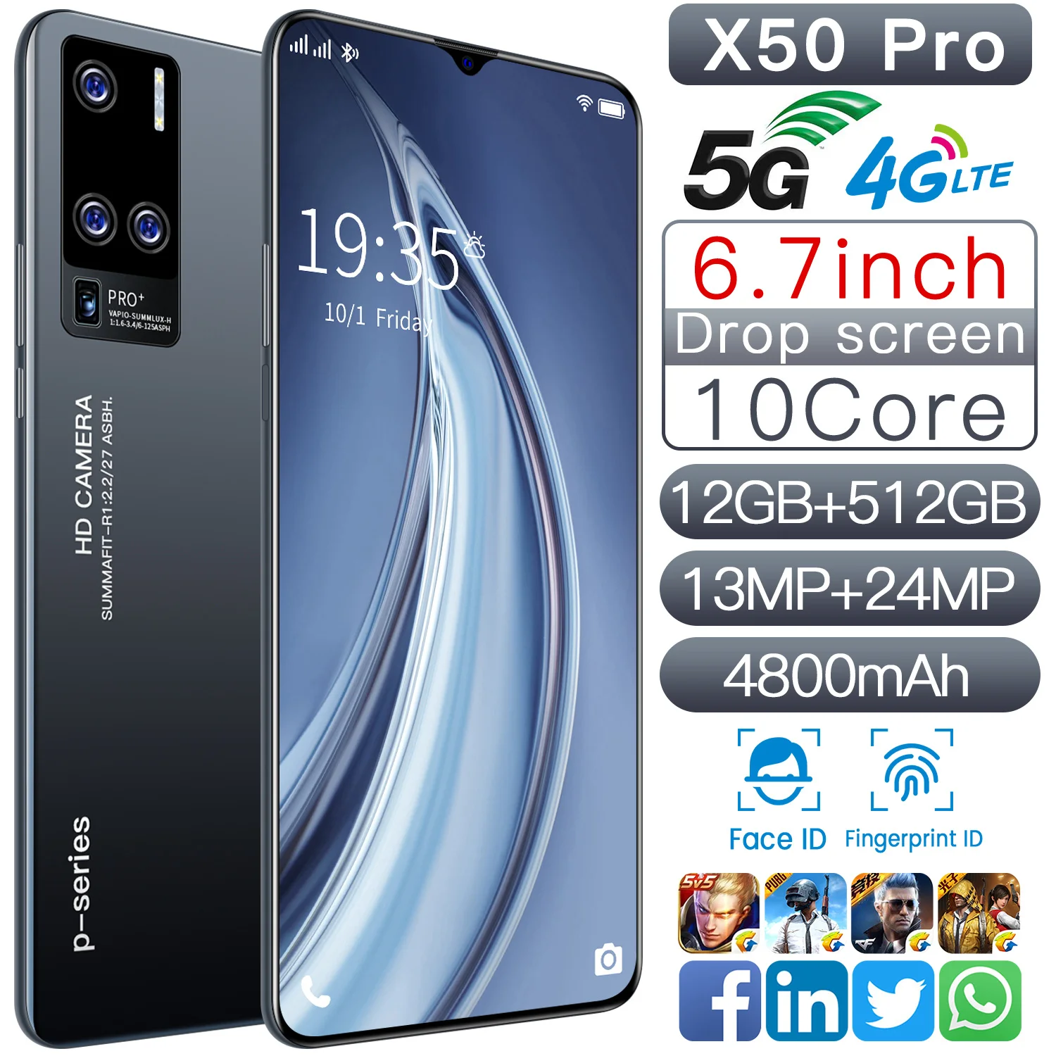 

X50 Pro 6.7Inch 12GB+512GB 13MP+24MP 4800MAH Battery Smartphones Android 10.0 5G 10 Core Telephone Face ID