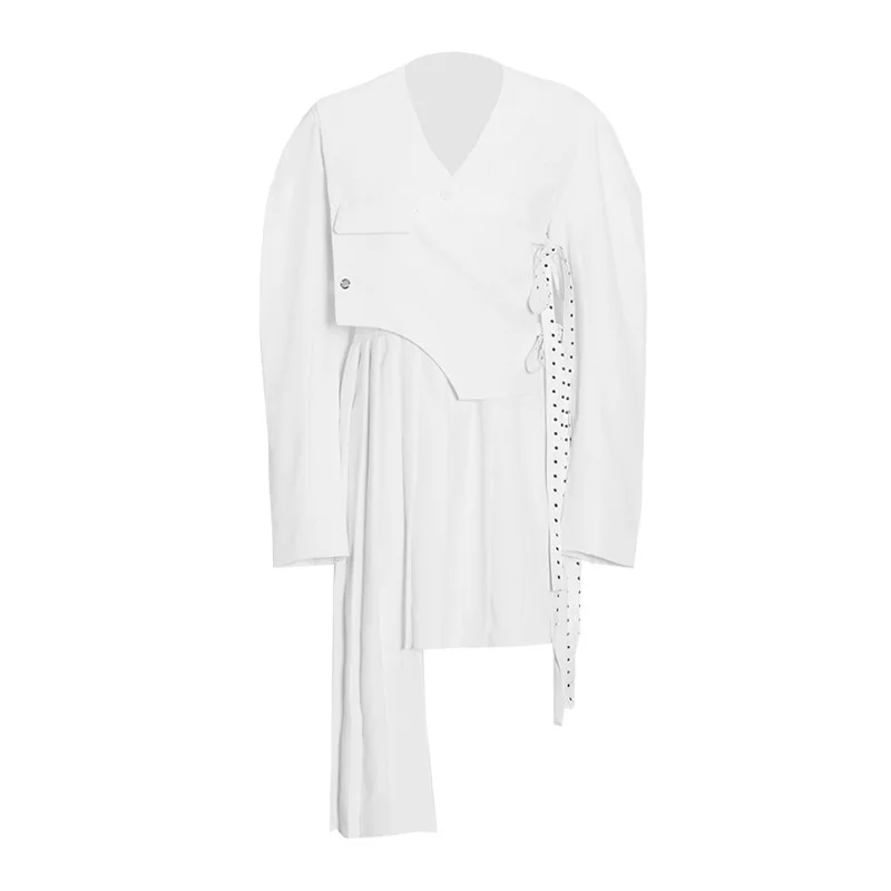 

New style in spring and summer 2021 two pieces solid metal chain tie asymmetric Pleated Dress women's fashion