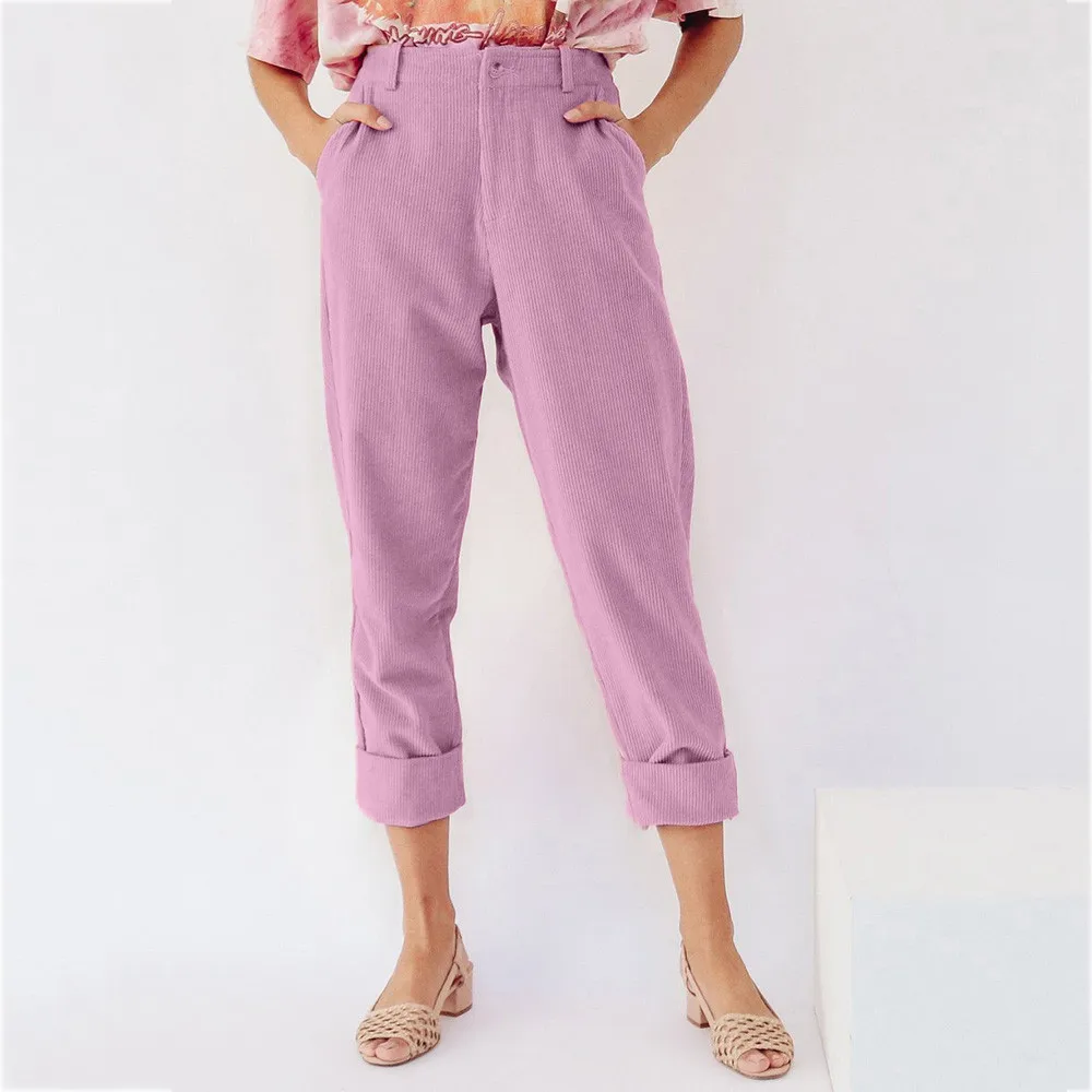 Женские вельветовые брюки с карманами повседневные однотонные со средней талией