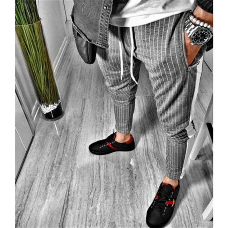 2019 модные трендовые мужские летние повседневные полосатые спортивные узкие