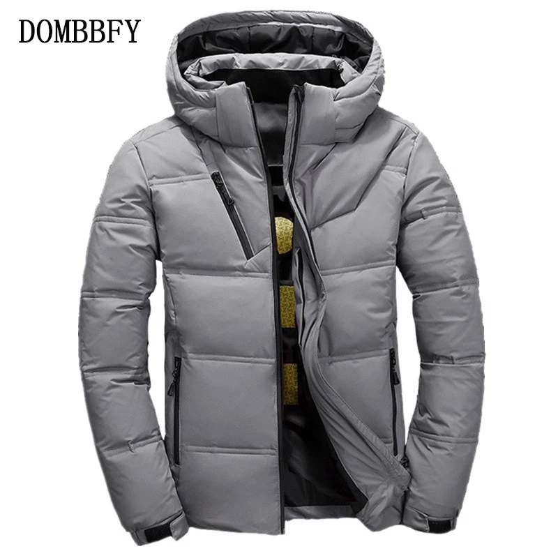 Мужская куртка на белом утином пуху с капюшоном и несколькими карманами | одежда