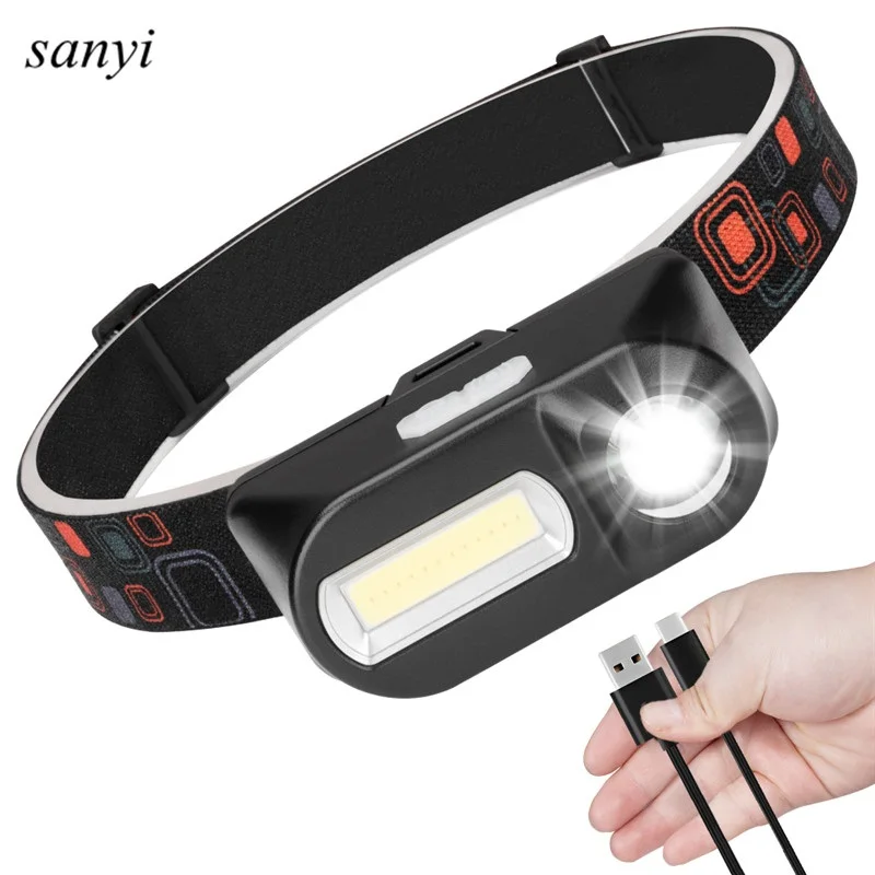

Портативный Миниатюрный светодиодный налобный фонарь XPE + COB, фонарь для кемпинга и рыбалки с зарядкой от USB, фонарь для бега