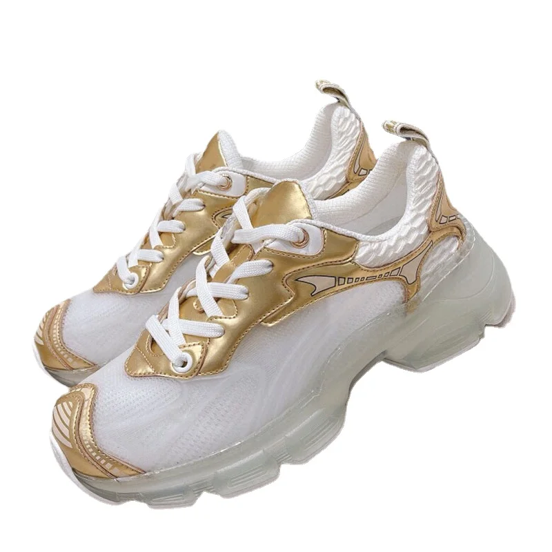 

2022 Spring Greek Goddess Style Women's Sneakers Metallic Effect Craft Leather Splicing Fold-Resistant Transparent Net Shoes