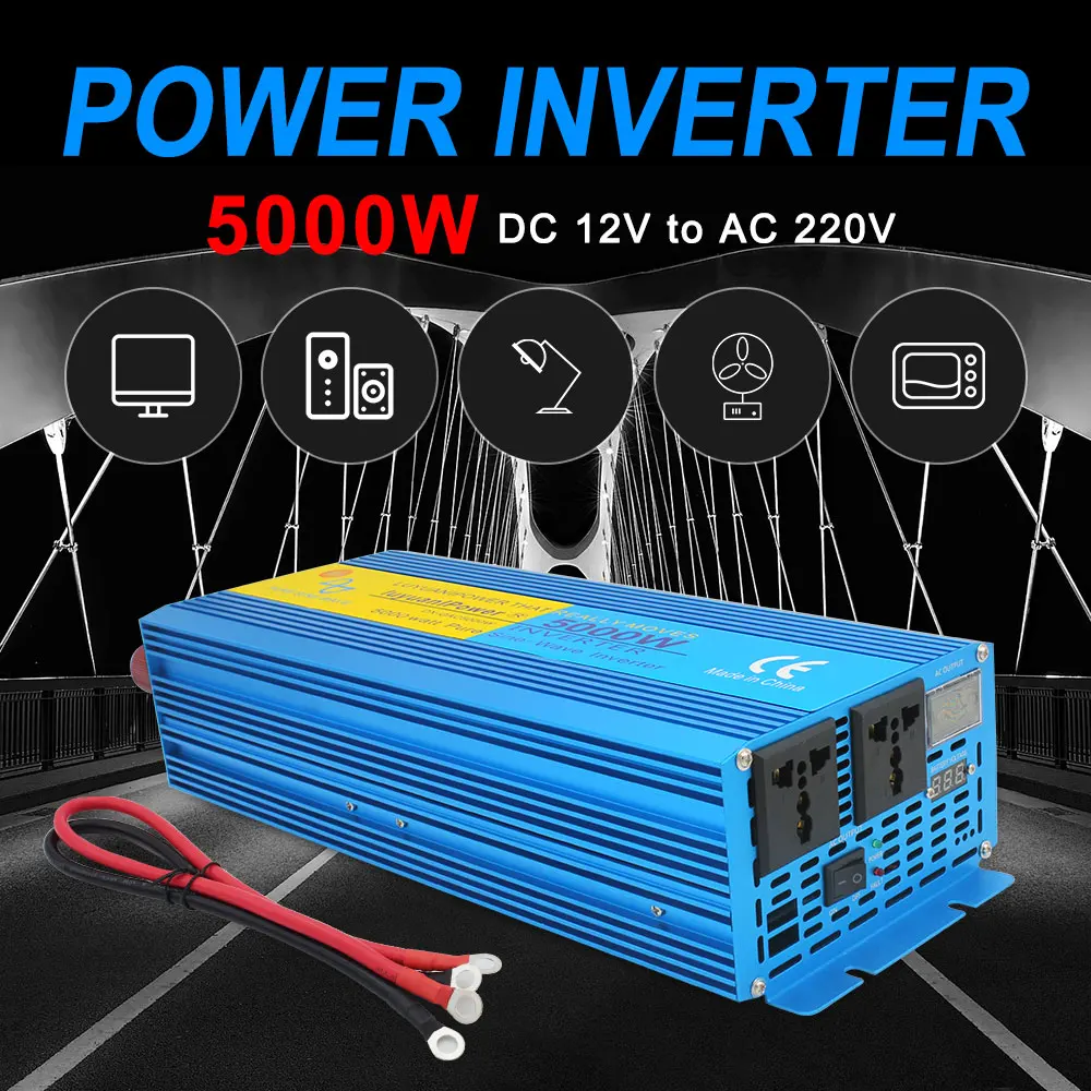 

5KW Pure Sine Wave Inverter DC 12V/24V to AC 220V 50Hz/60Hz LED Voltage Digital Display Solar Power Converter Universal Socket