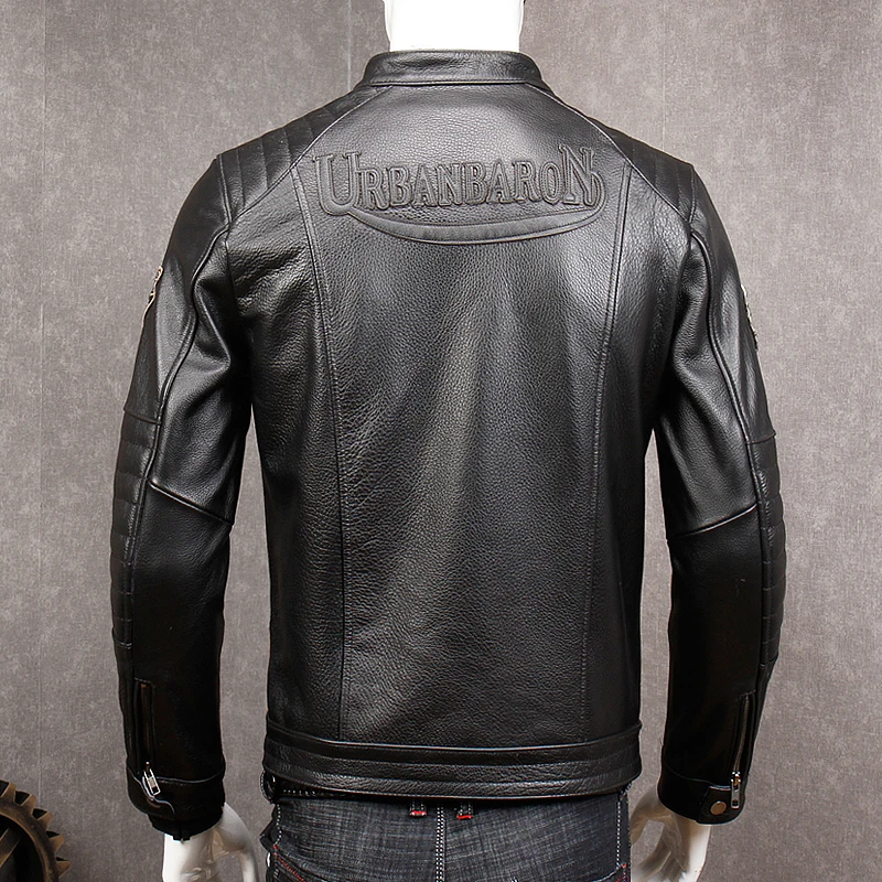 

2020 Vintage Grey Men Slim Fit Biker's Jacket Stand Collar Plus Size XXXXL Genuine Cowhide Spring Leather Coat