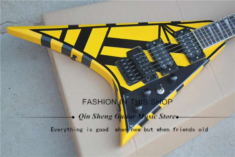 Бесплатная доставка 24 лада желтая электрическая гитара с черным узором в полоску