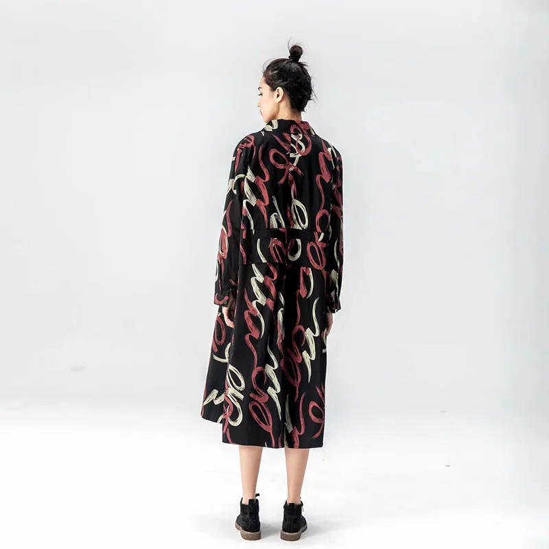 

Korean Autumn Casual Trench Coat Women Turn-Down Collar Print Jackt Retro Single-Breasted Receive Waist Long Windbreaker Outwear