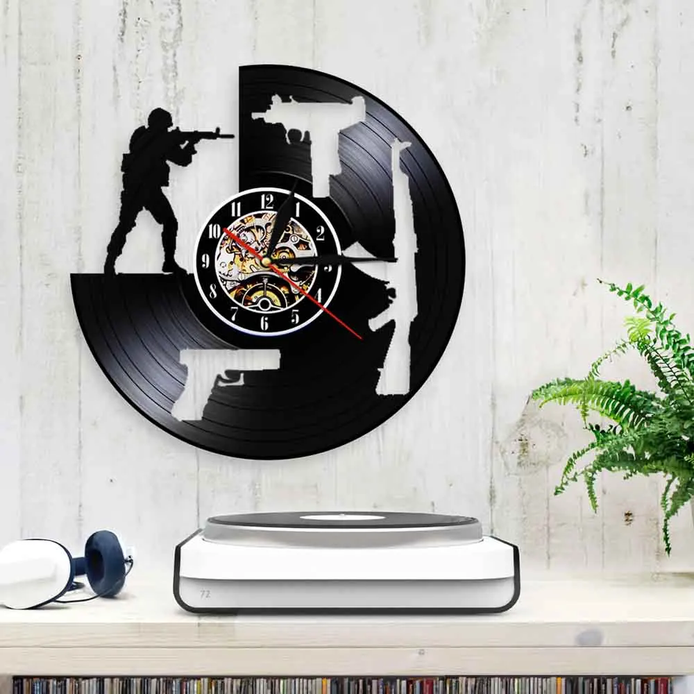 Пистолет для стрельбы дизайн граммофон виниловая запись настенные часы оружие