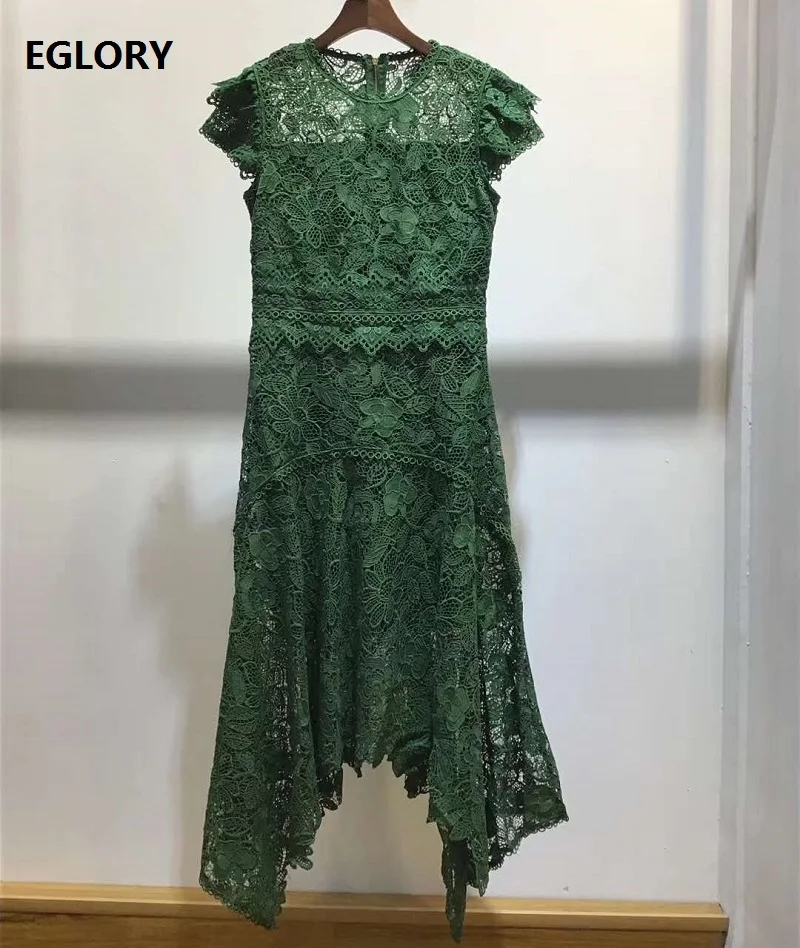 

Top Quality New Lace Dress 2020 Summer Women Allover Crochet Lace Embroidery Short Sleeve Sexy Asymmetrical Dress Blue Green