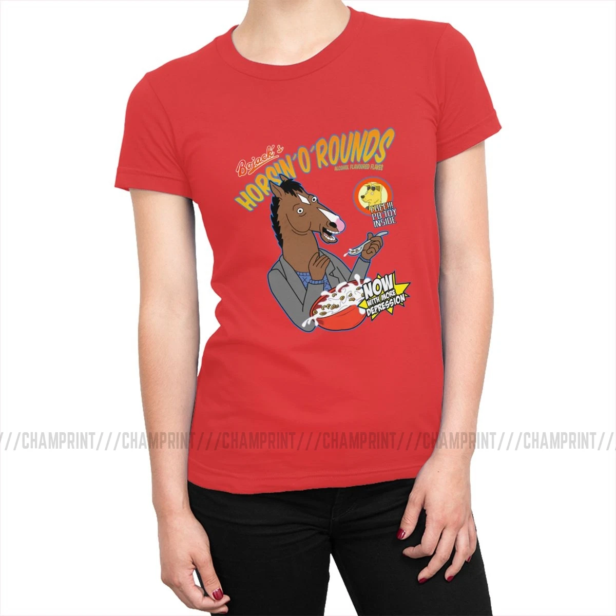Женские футболки Bojack's cereal, Забавные футболки Bojack Horseman с рисунками из мультфильмов, модные хлопковые футболки, топ, базовая Женская одежда с графическим принтом - Цвет: Красный