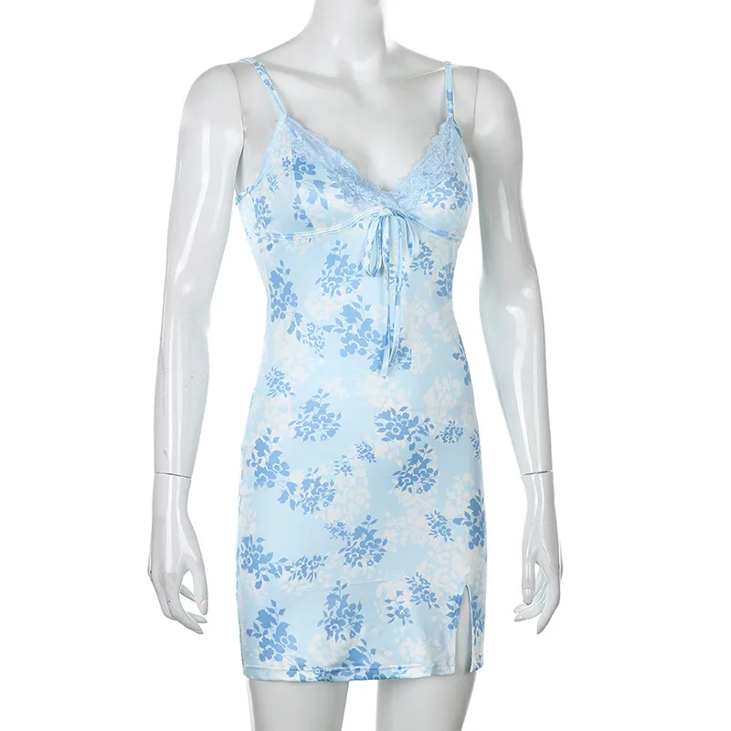 

V Neck Lace Sleeveless Sexy Mini Dress Women Split Summer Backless Spaghetti Strap Short Dresses Ladies Printed Beach