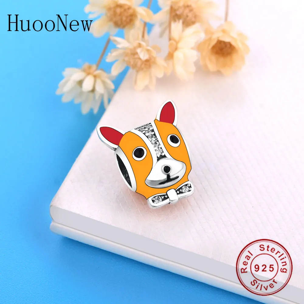 Желтый Эмаль щенок робот собака Бусины Подходят оригинальный браслет Подвески 925