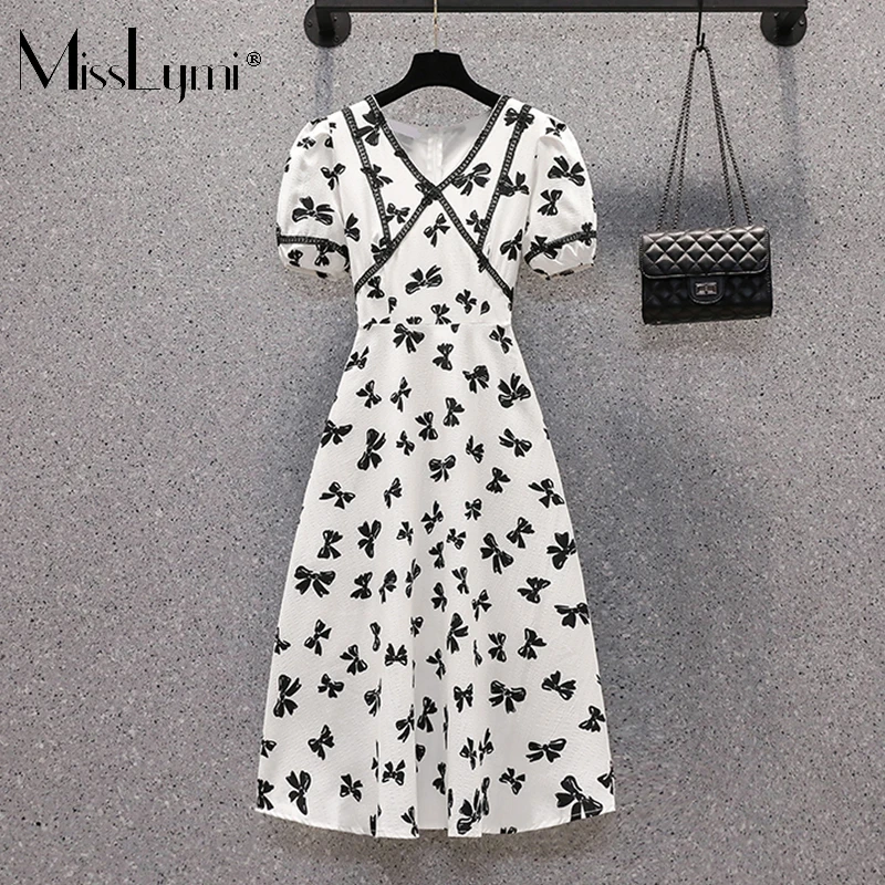 

4XL Plus Size Women Bow Print V-neck Party Midi Dress Summer 2021 Lace Lacing Collect Waist Dress Vintage Puff Sleeve Dress