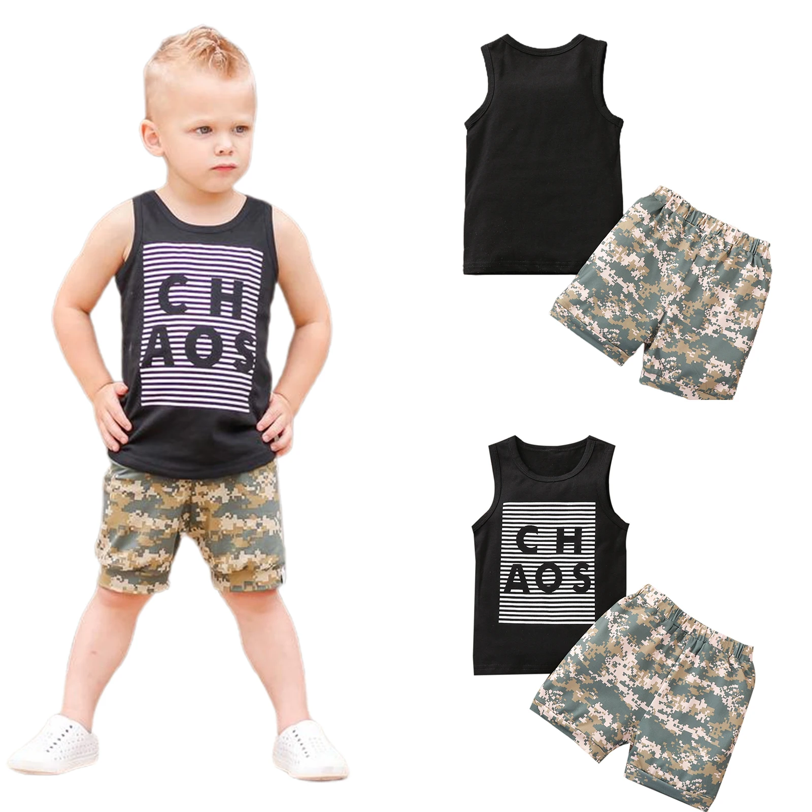 

Kids Baby Boys 2-piece Outfit Set Sleeveless Letter Print Tops+Camouflage Shorts Set