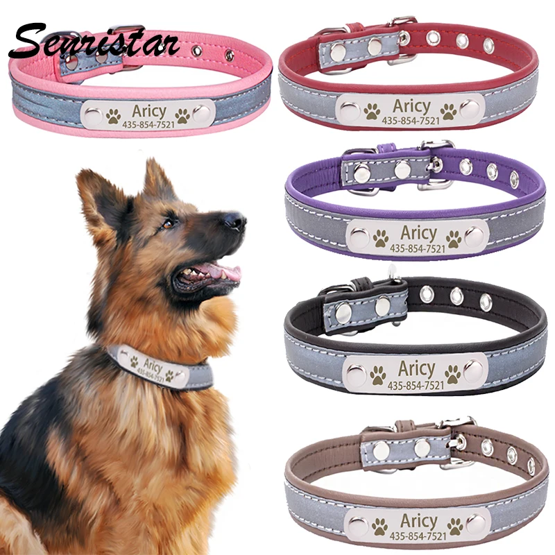 Именной ошейник для собак кожаный светоотражающий аксессуар питомца именная