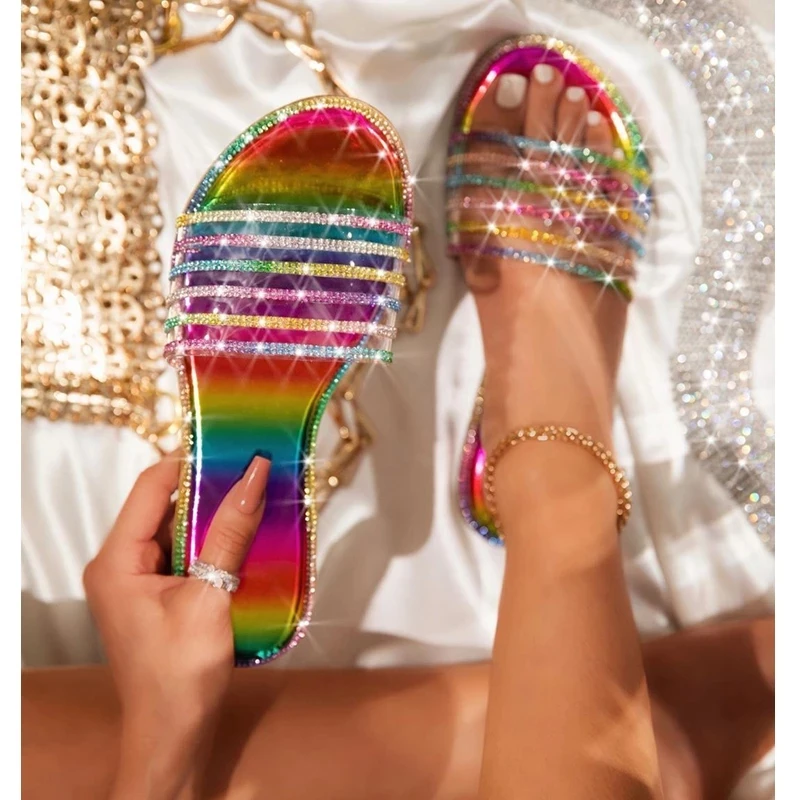

Women Rainbow Slippers Woman Crystal Transparent Slides Ladies Rivet Flats 2021 Summer Casual Mixed Color Beach Shoes Big Size