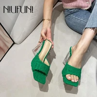 towel slides shoes transparent crystal heels square toe triangle thick high heels muller slippers simple summer slip on sandals