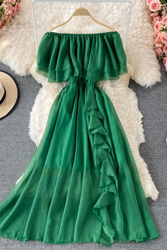 

Seaside Vacation One-shoulder Chiffon Dress In Summer, Waist Waist Was Thin and Elegant, Flounced Large-length Dress