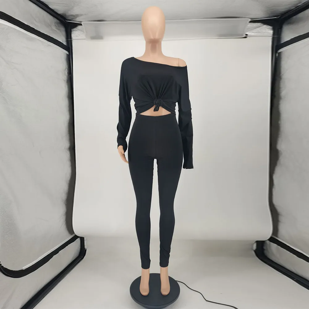 

Casual Sportswear Two Piece Pant Suits Women Fashion One Shoulder Full Sleeve Crop Top and Skinny Legging Loungewear Tracksuits
