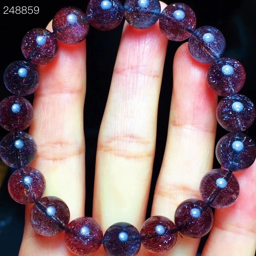 

10.4mm Natural Black Super Seven 7 Purple Firework Rutilated Flower Bracelet Clear Round Beads Women Men Genuine AAAAAAA