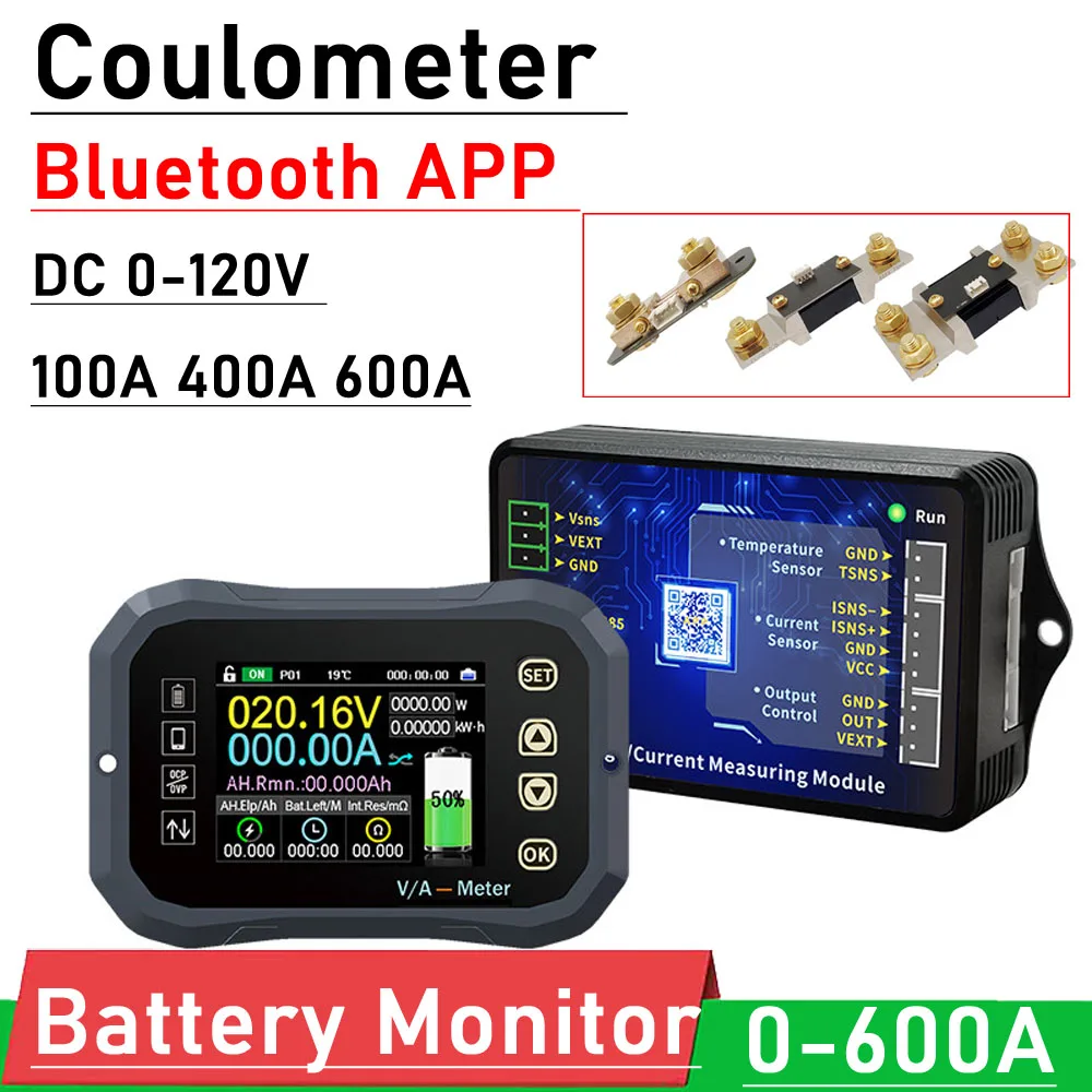 DC 120V 100A Bluetooth APP Battery Monitor Digital Capacity Tester meter Lifepo4 lead-acid Li-ion lithium 12V 24V 36V 48V RV CAR