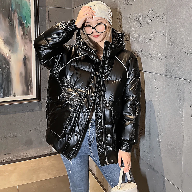 

Женский пуховик большого размера, теплые парки с капюшоном, модные глянцевые Водонепроницаемые зимние пуховые пальто из хлопка ярких цветов, 2021