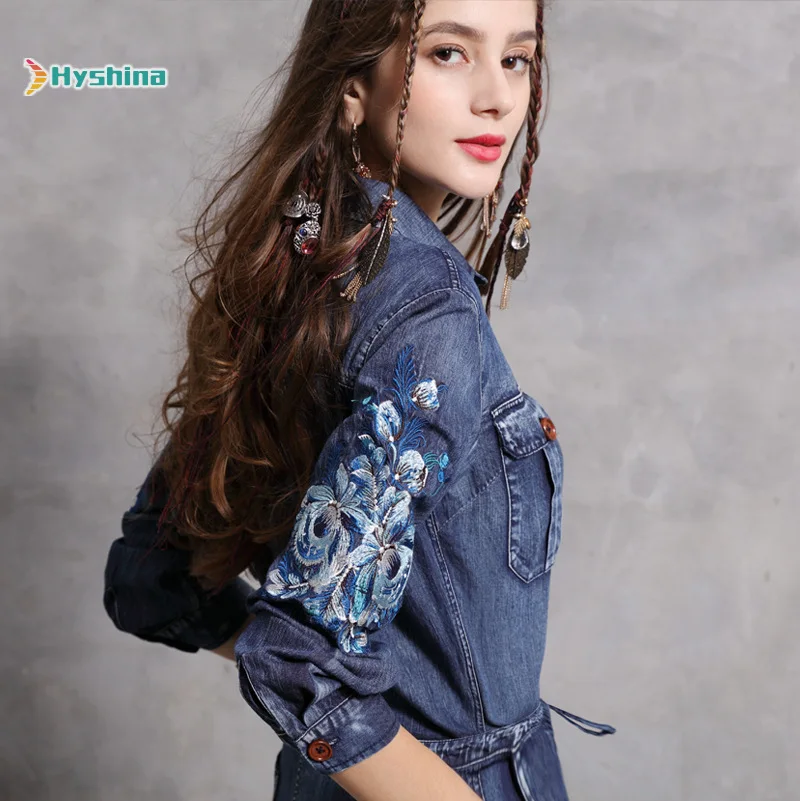

Women's Denim Jumpsuit retro embroidery drawstring Long Sleeve Pants