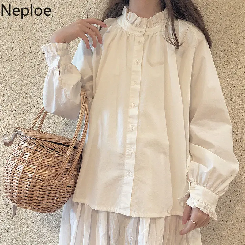 Женская блузка с рюшами и рукавами фонариками однобортная Свободная в японском