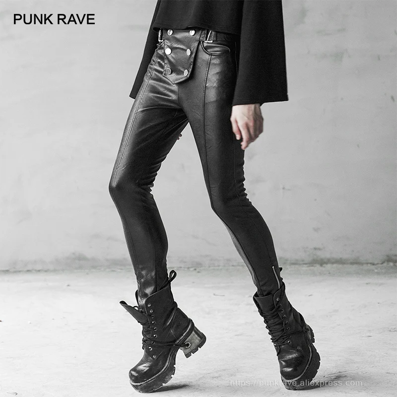 PUNK RAVE Women's Punk Military Uniform Buckle Skinny PU Leather Pants with Belt Elastic Zipper Handsome Black Pencil Trousers