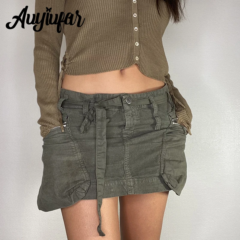 

Auyiufar Retro Green Fairy Grunge Solid Pocket Mini Skirt Ribbed Low Rise Bandage Y2k Goblincore Denim Skirts Streetwear Outfits