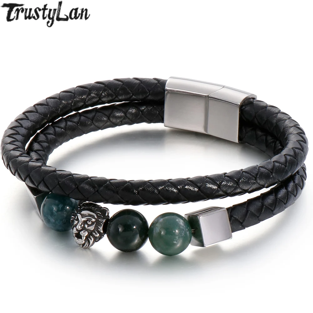 Готический бусы голова льва браслет человек Двойной Слои плетеный кожаный