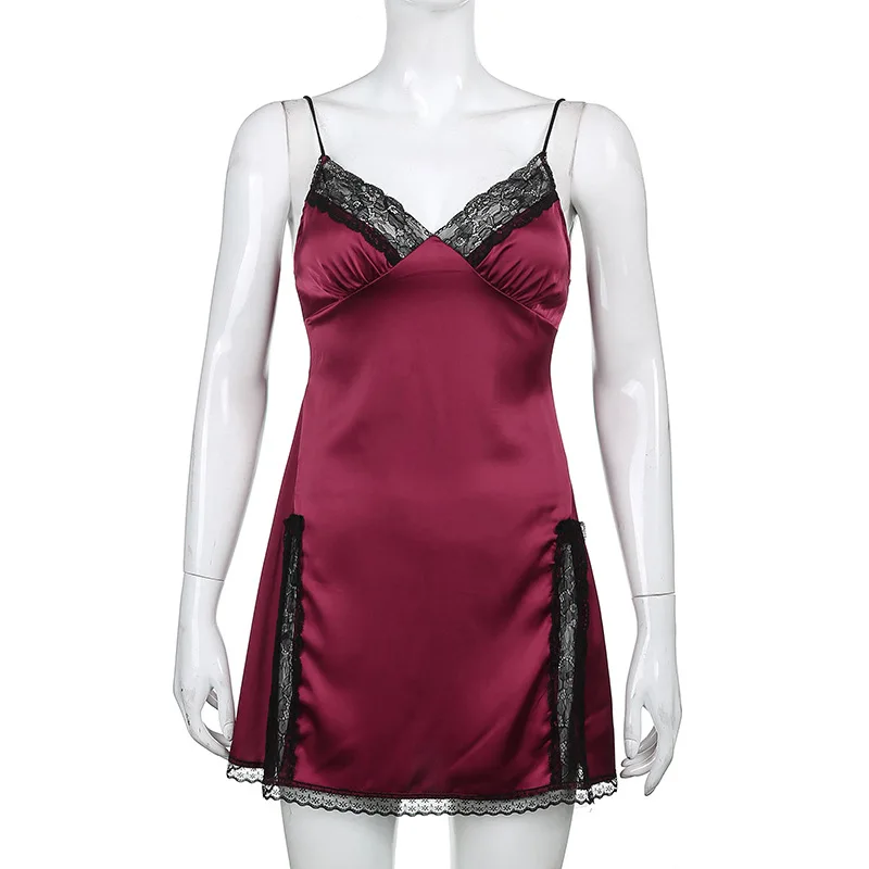 

GothGotik Sexy Satin Lace Slit Dress Short Mini Dresses Women Bodycon Gothic Streetwear Casual Summer Outfit Spaghetti Strap