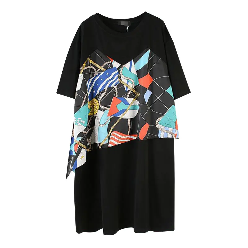 Женское платье с круглым вырезом XITAO свободное составного кроя короткими