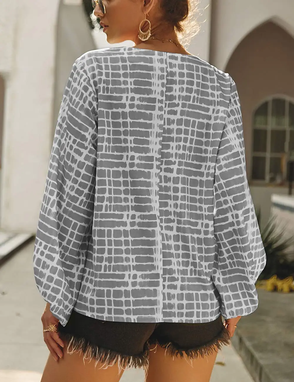 

Women Tops 2019 Spring Autumn New Printed Loose V-neck Long-sleeved Lantern Sleeve Casual Women Clothing T-shirt