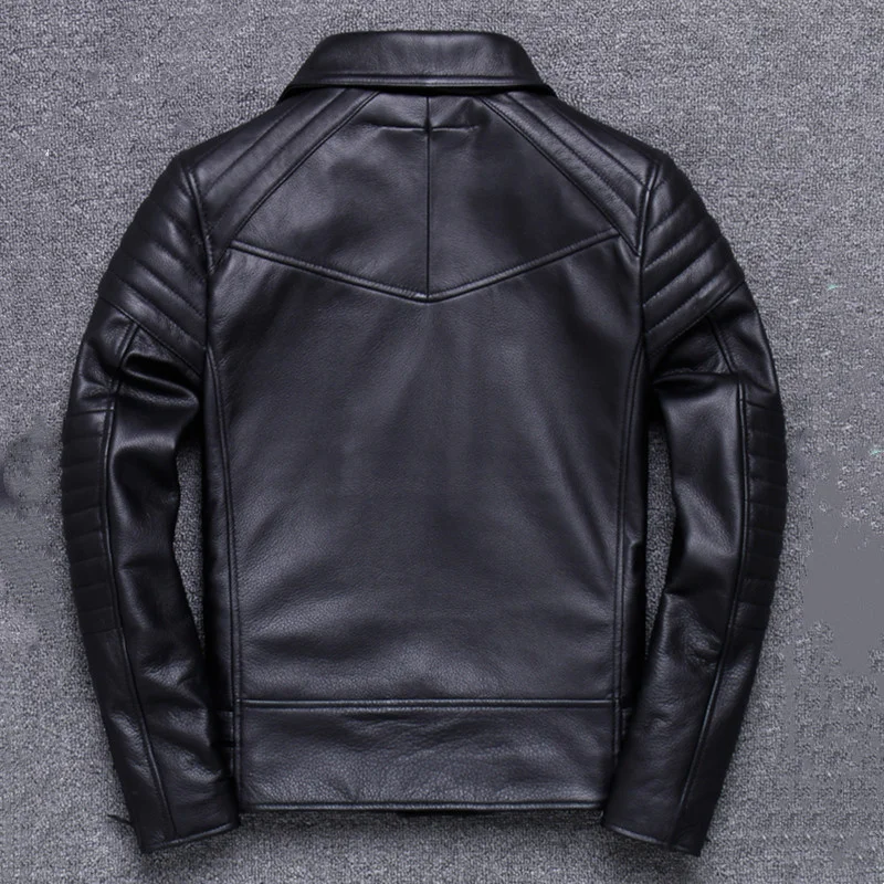 

Мужская кожаная куртка в стиле панк, черная облегающая байкерская куртка из натуральной воловьей кожи с Диагональной молнией, модель осень ...