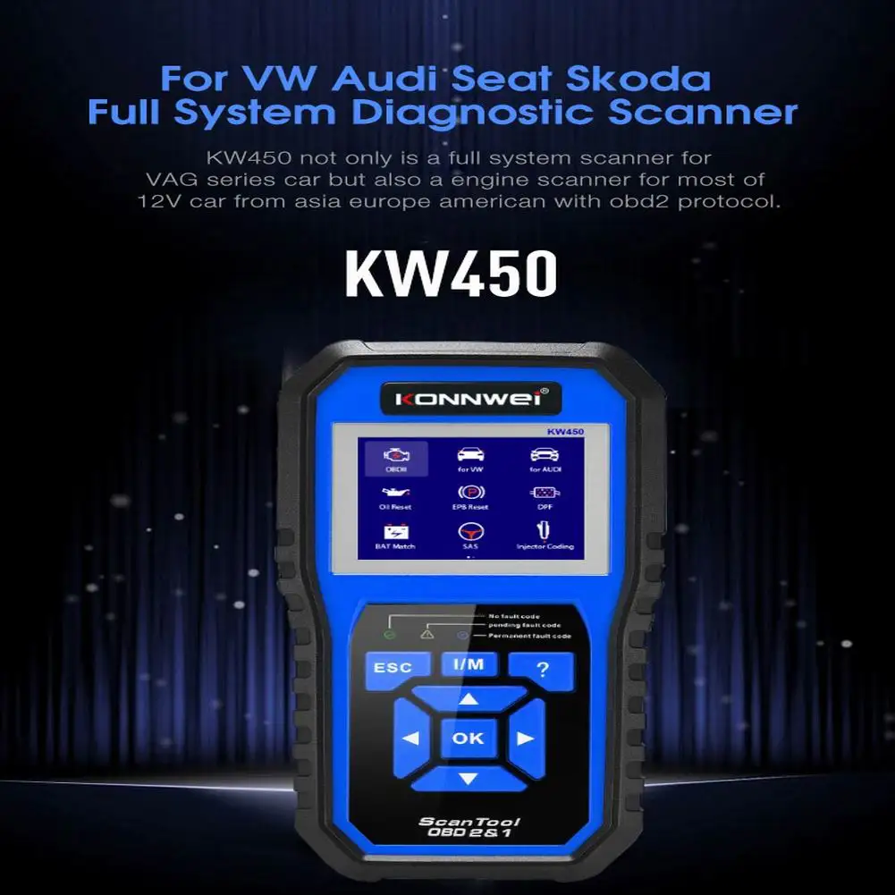 konnwei kw450 obd2 diagnostic tool for vag cars vw audi abs airbag oil abs epb dpf srs tpms reset full systems scanner free global shipping