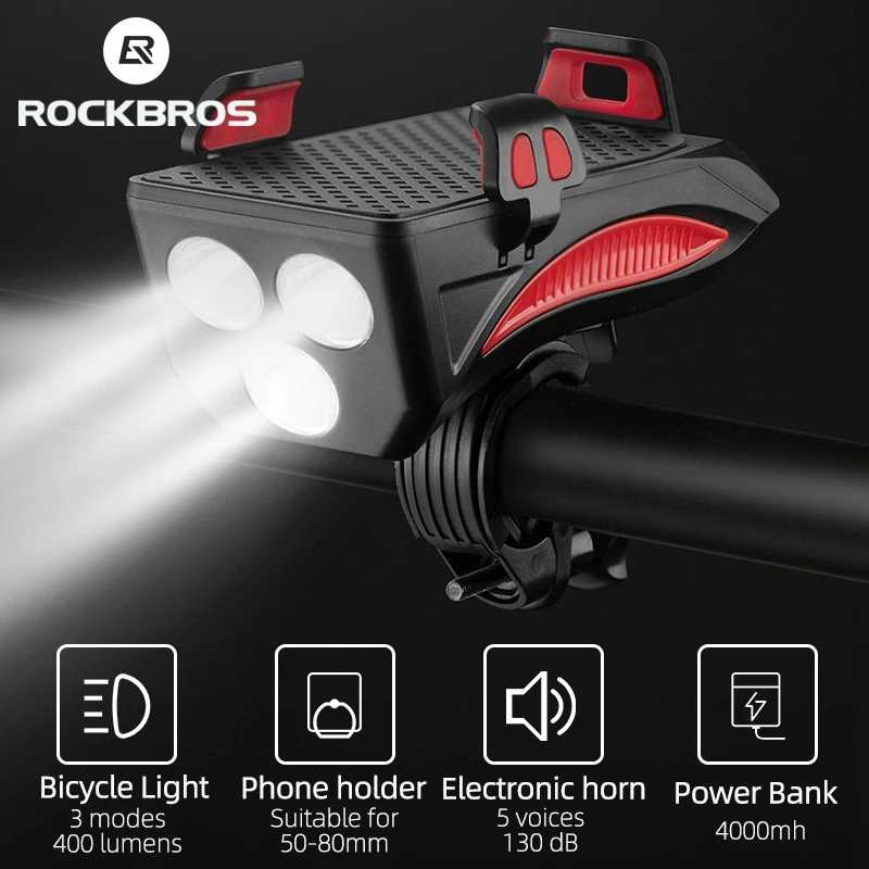 

ROCKBROS USB Rechargeable Bike Light 4 In 1 Multifunctional 130dB Phone Holder Power Bank Waterproof Headlight Bike Accessories