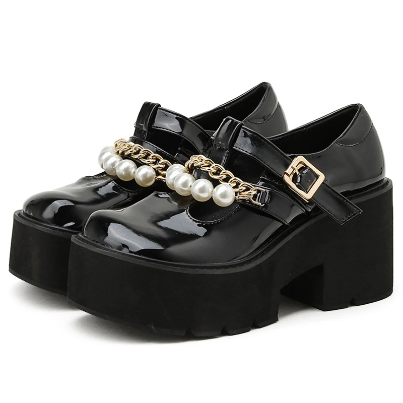 

New Lolita Cosplay Shoes Pumps Platforms Girls T Strap Chain Pearl Mary Janes Shoes Women Thick Bottom Patent Leather Spring
