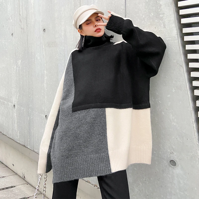 

Big Size Contrast Color Knitting Turtleneck Sweater Loose Fit Long Sleeve Women New Fashion Autumn Winter 2021