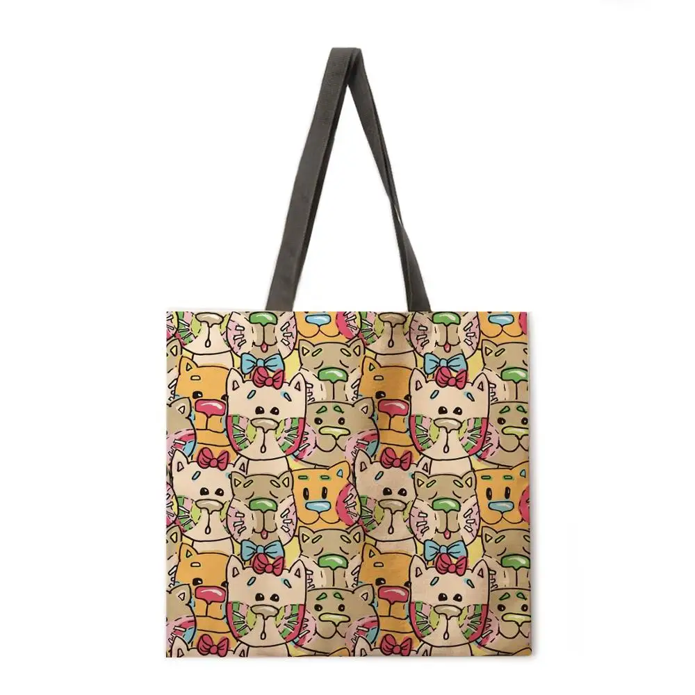 

Color cat combination printed tote bag linen fabric casual tote bag foldable shopping bag reusable beach bag ladies shoulder bag