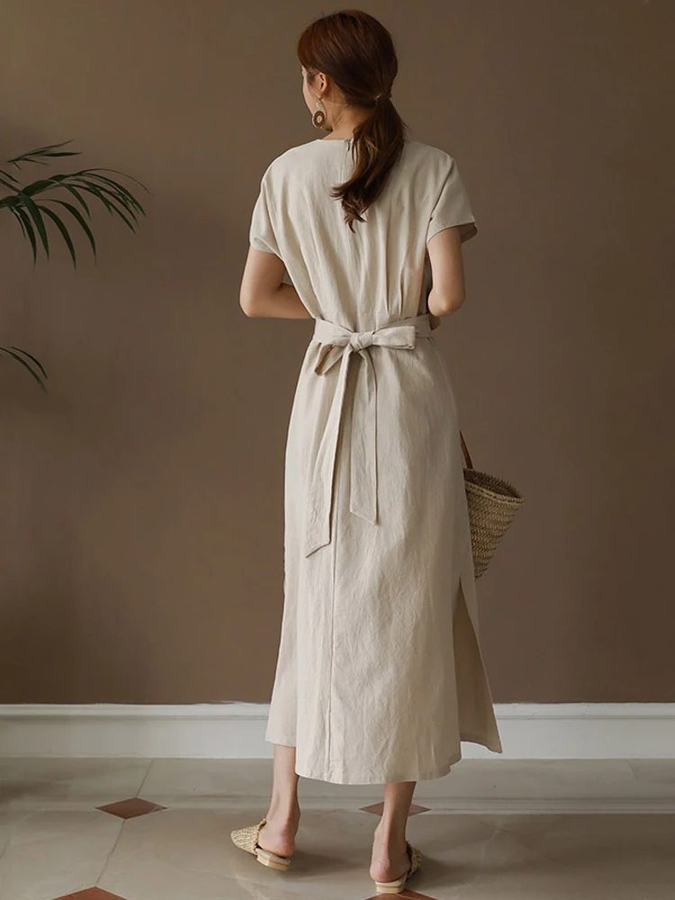 Женское длинное платье из хлопка и льна повседневное элегантное офисное для