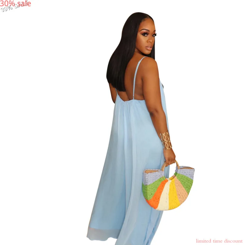 Женское шифоновое платье на бретельках с V образным вырезом и открытой