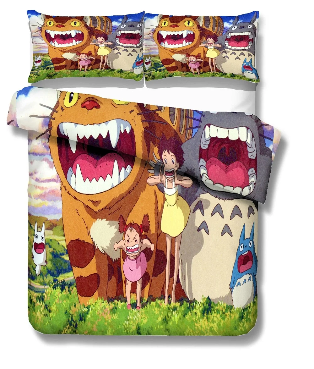 

3d Miyazaki Hayao Film Printed Bedding Set 2/3 Totoro Cartoon Down Comforter Cover Pillowcase Microfiber Children's Bedding Set