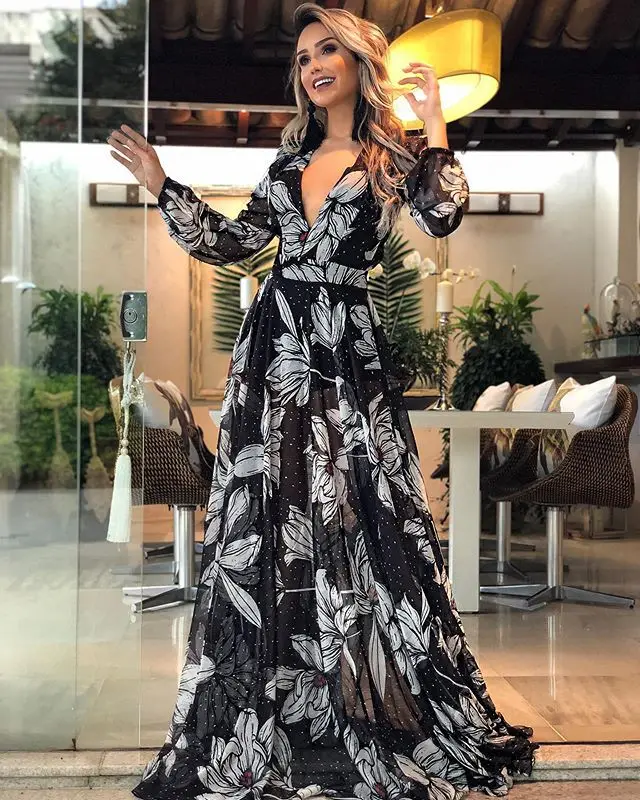 

Linglewei New Spring and Summer Women's Dress sexy deep V-neck long sleeve printed long dress